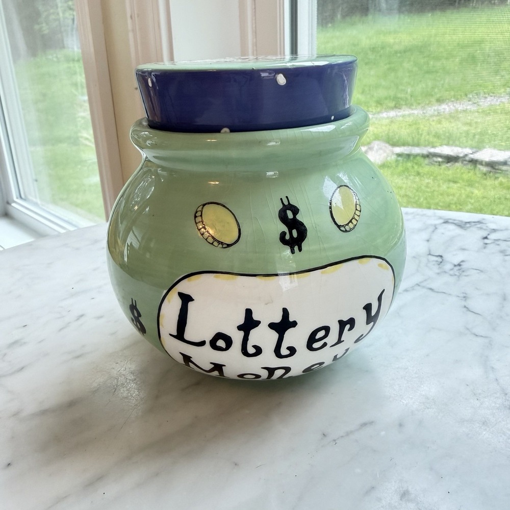 VTG 90s ND Exclusive Ceramic Lottery Money Jar Hand Painted Whimsical Blue Green